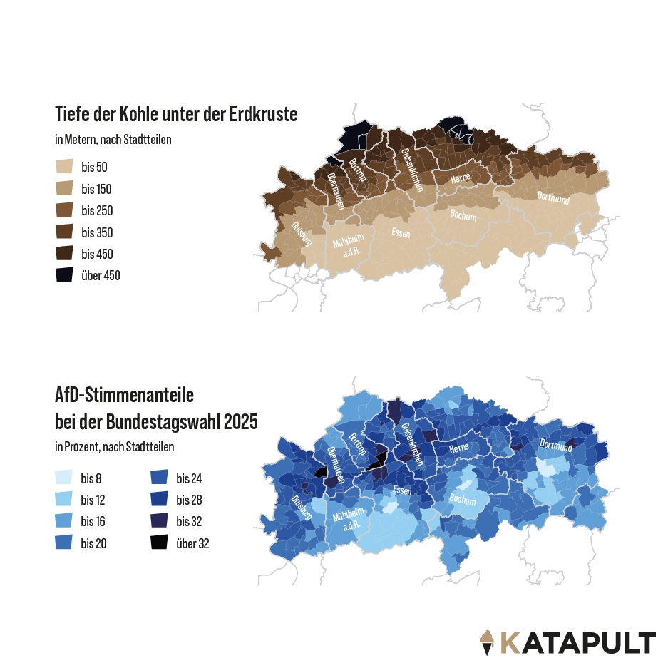 Wie die AfD von der Geschichte des Bergbaus profitiert Nils Blossey Lukas Haffert KATAPULT 41 Tiefe der Kohle unter der Erdkruste AfD-Stimmenanteile bei der Bundestagswahl 2025