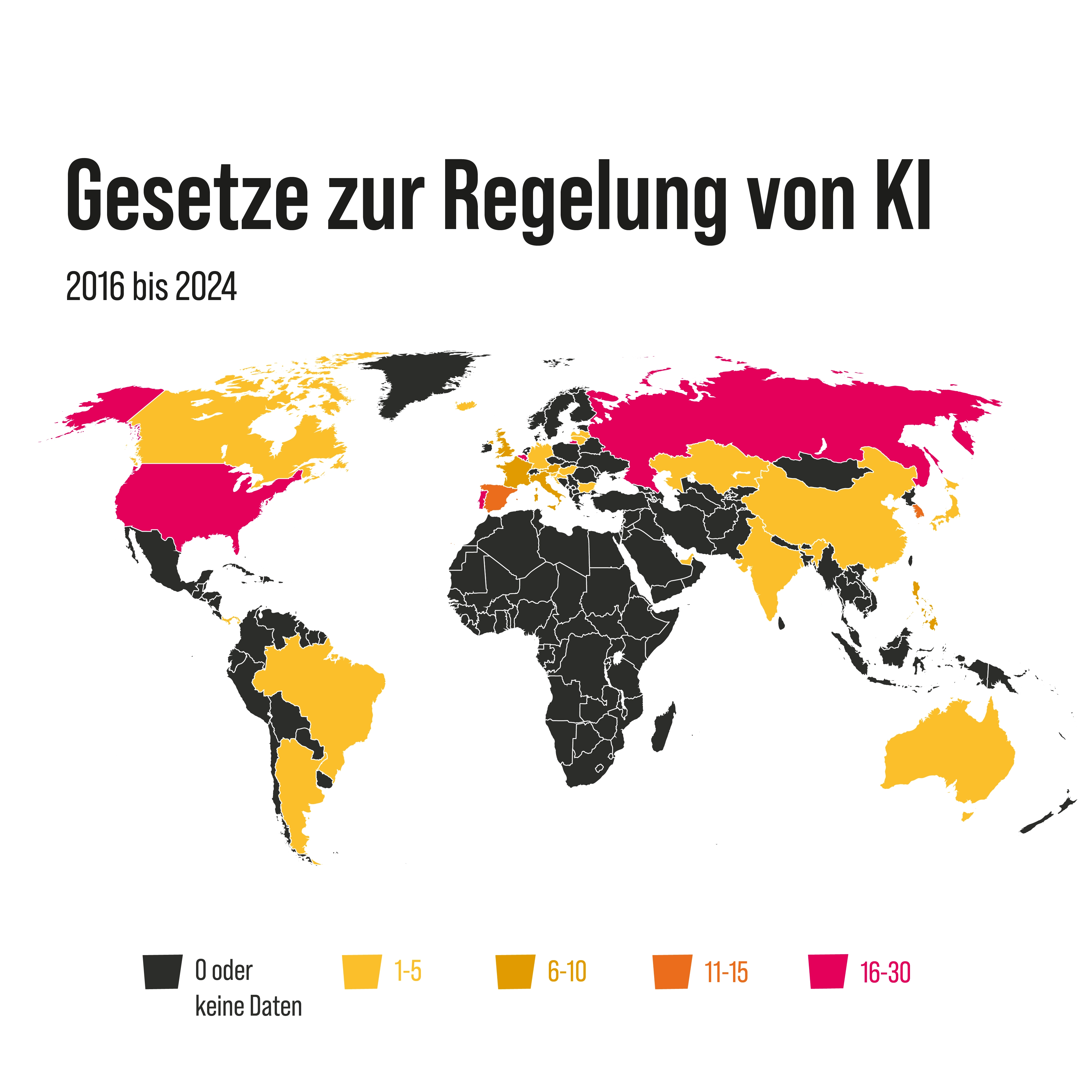 Anzahl der Gesetze zur Regelung von KI weltweit, nach Ländern