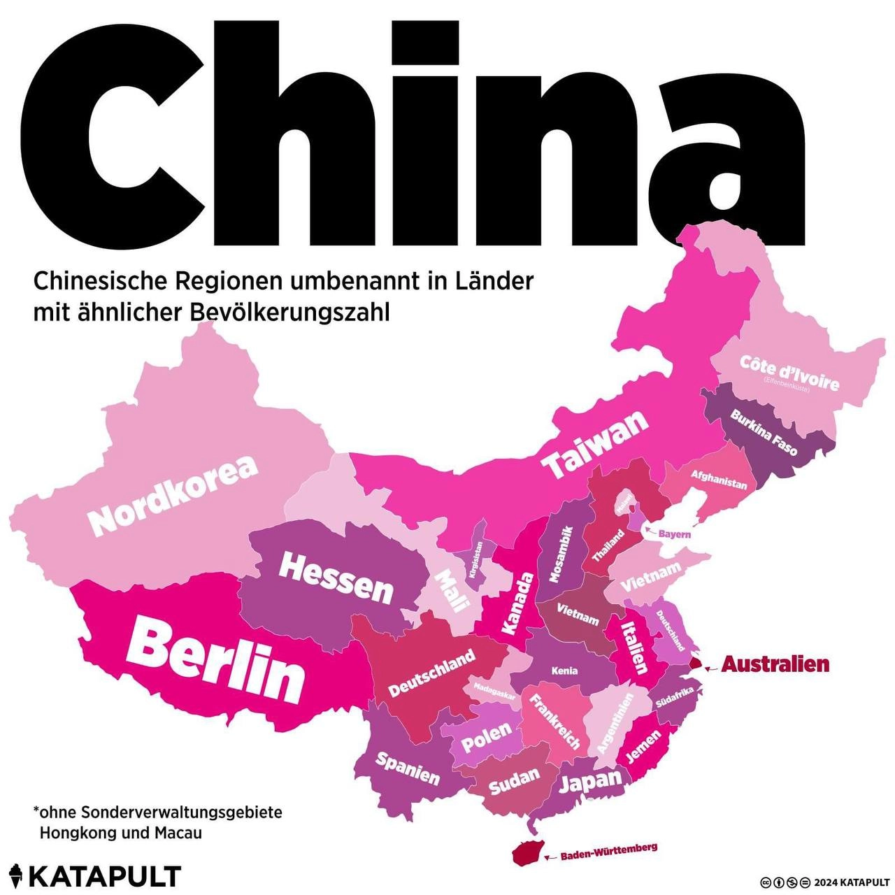 Chinesische Regionen umbenannt in Länder mit ähnlicher Bevölkerungszahl