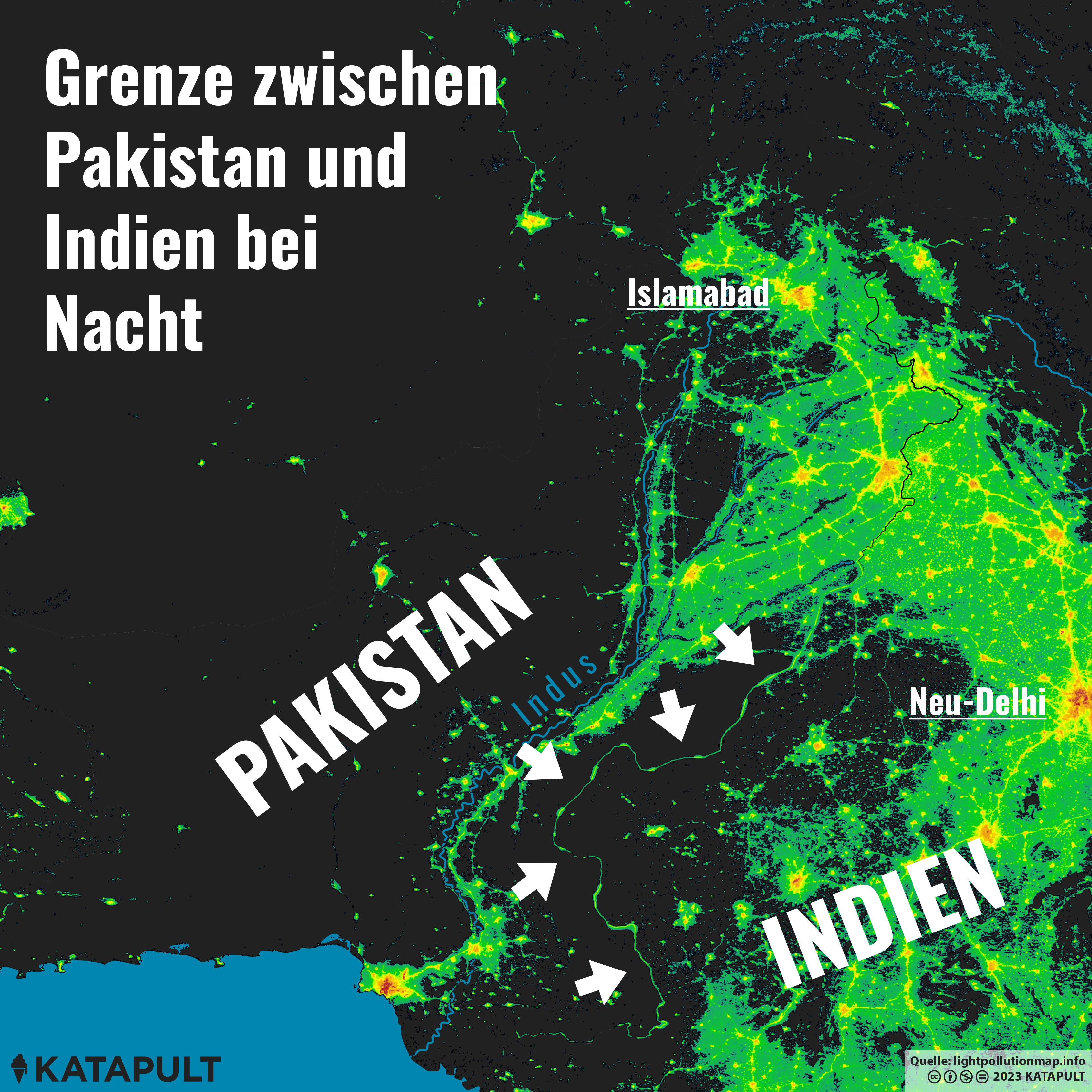 Grenze zwischen Pakistan und Indien bei Nacht