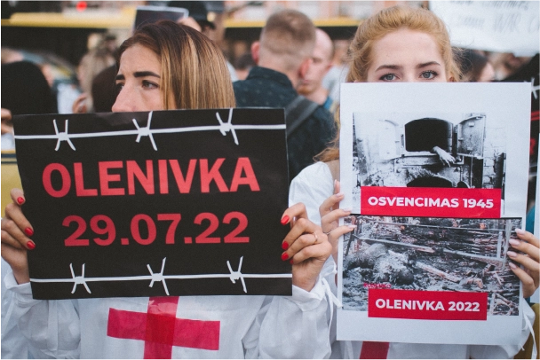 OLENIVKA - Ukrainians demonstrate in Kyiv after prison explosion kills Azovstal POWs